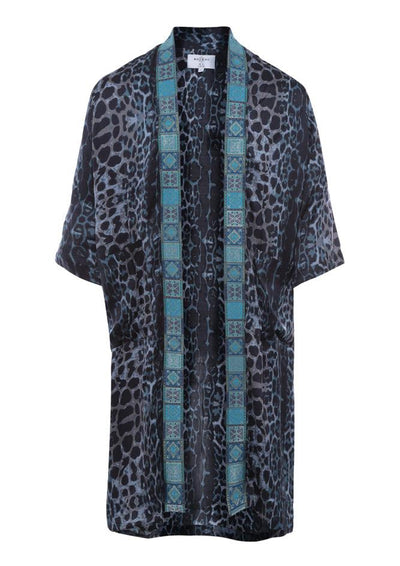 Blue Wavy Cheetah Silk 3/4 Sleeves Kimono - le boubou